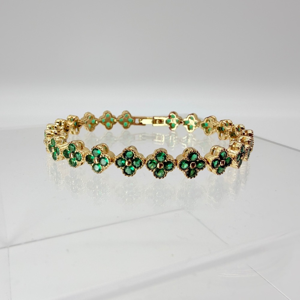 Gold Tone Green Crystal Quatrefoil Clover Link Tennis Bracelet 7.25 Inch
